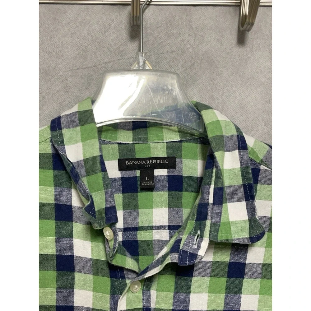 Banana Republic Shirt Men L Green Plaid Linen Cotton Button Up Academia Vacation